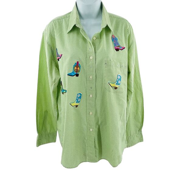 Las Olas Green White Gingham Check Cowboy Boot Embroidered Long Sleeve Shirt M - Picture 1 of 11